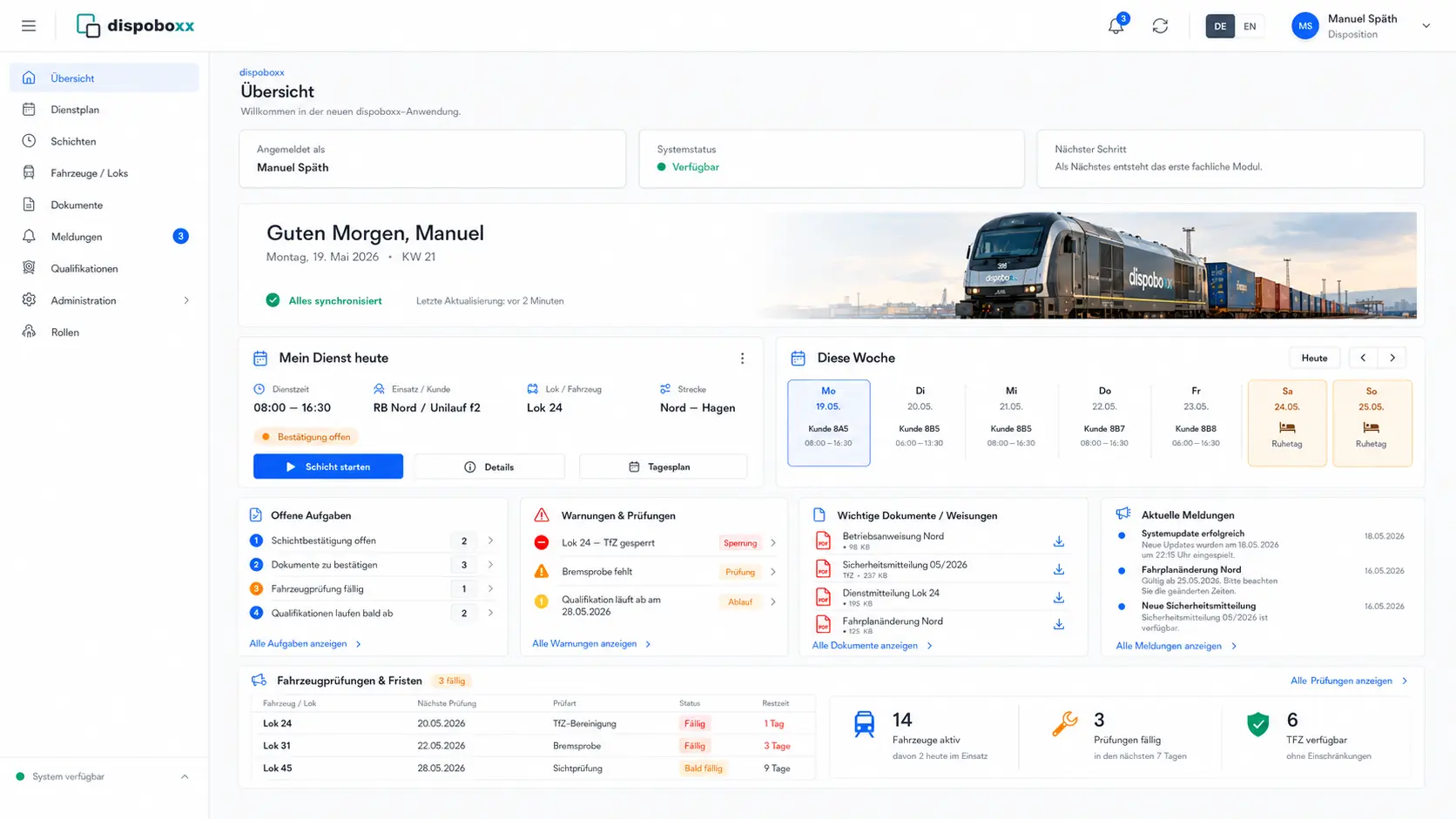 dispoboxx Dashboard mit Dienst, Wochenplanung, Aufgaben, Prüfungen und Dokumenten