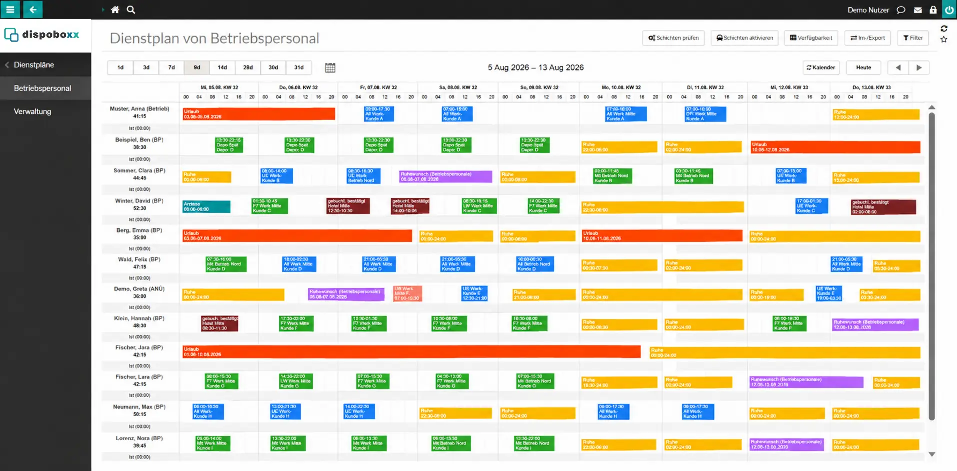 Dienstplan von Betriebspersonal mit Schichten und Abwesenheiten