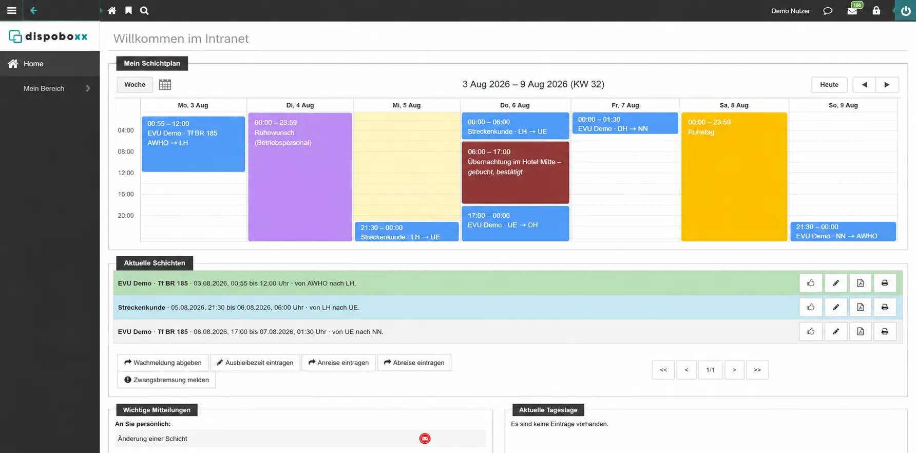 Mitarbeiterportal mit persönlichem Schichtplan und aktuellen Schichten