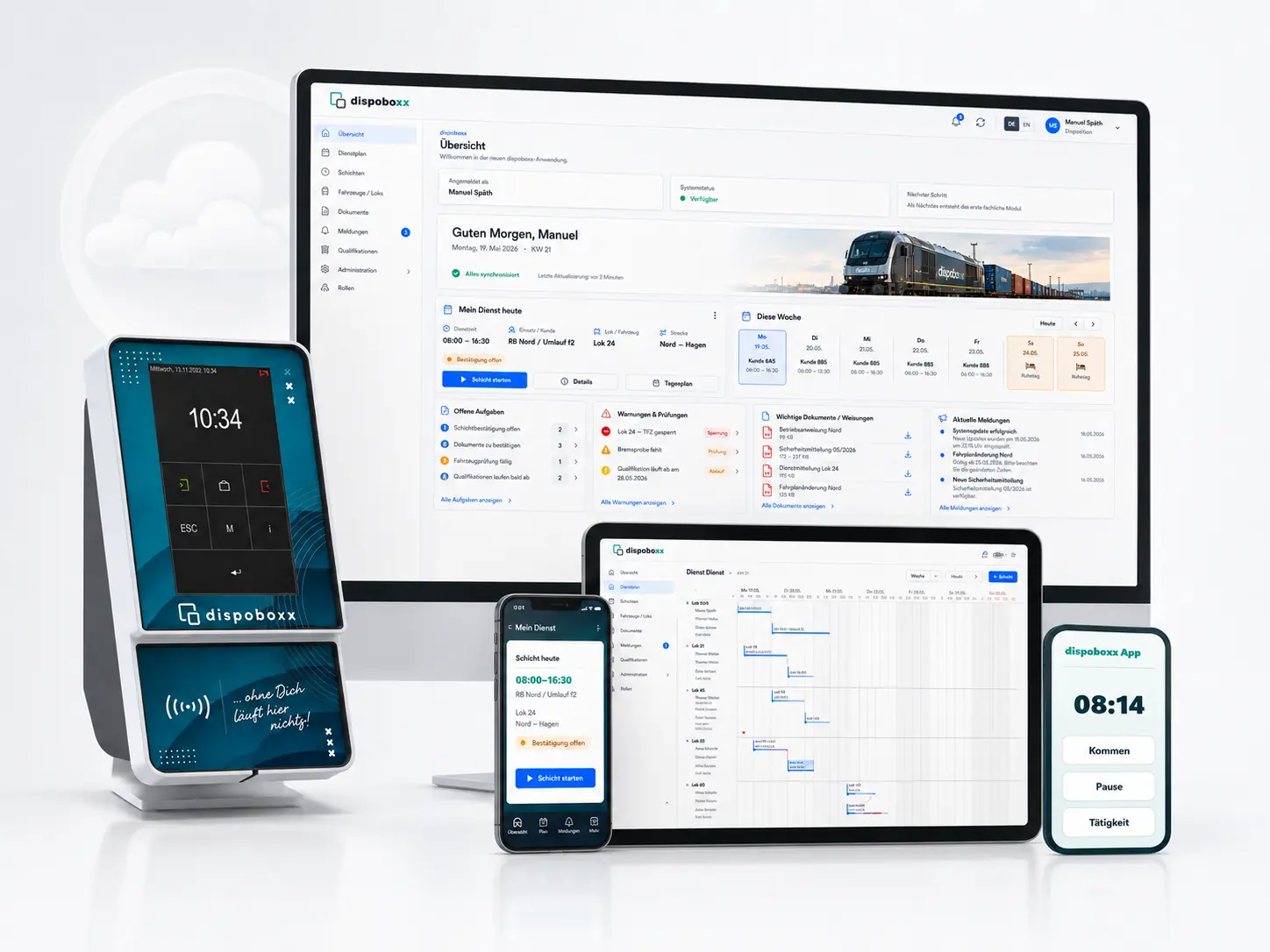 dispoboxx Zeiterfassung über Terminal, Browser, Smartphone, Tablet und App
